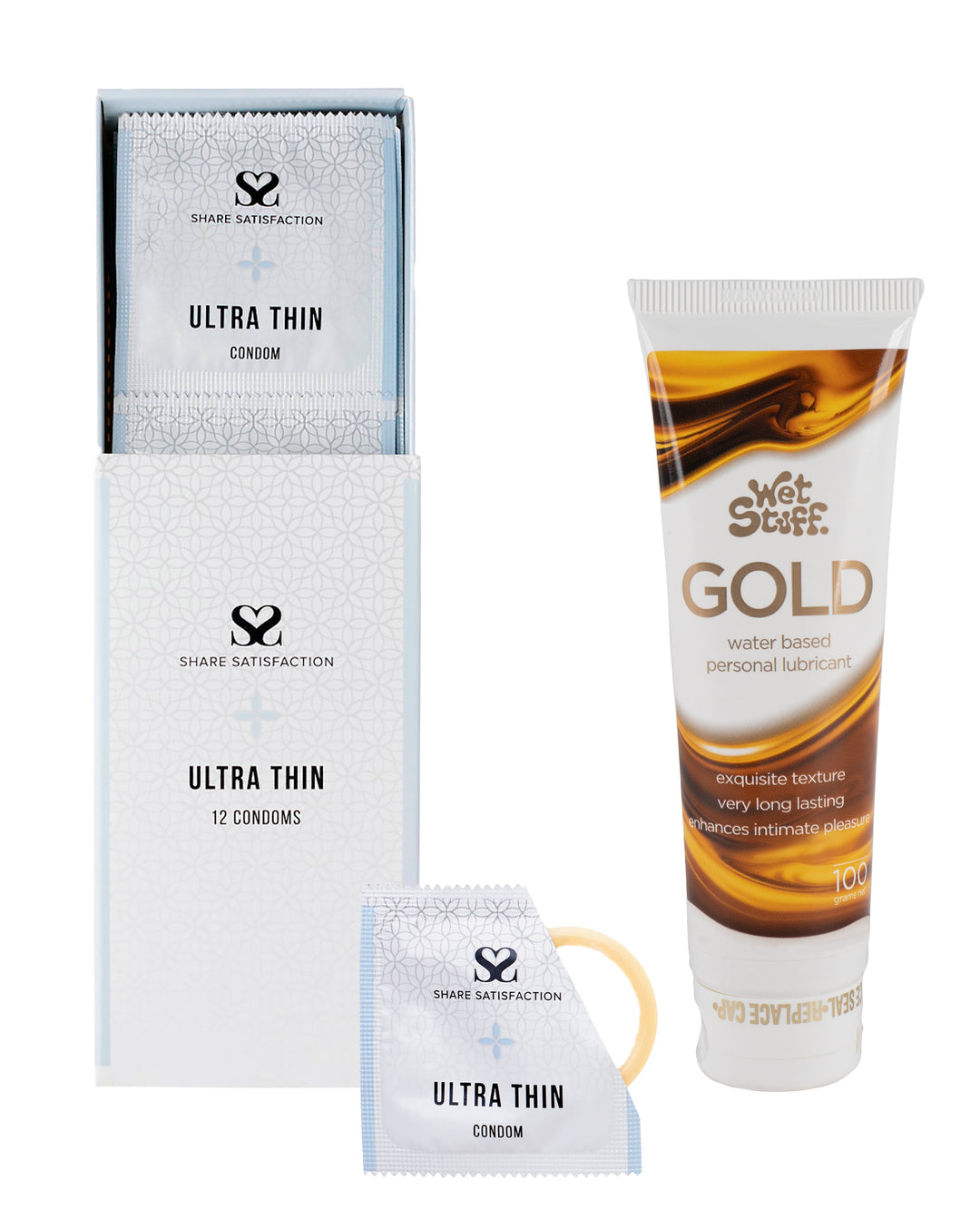 Share Satisfaction Ultra Thin 12 Pack Condoms, Wet Stuff Gold & Cock Ring Bundle - Playmate Adult Store