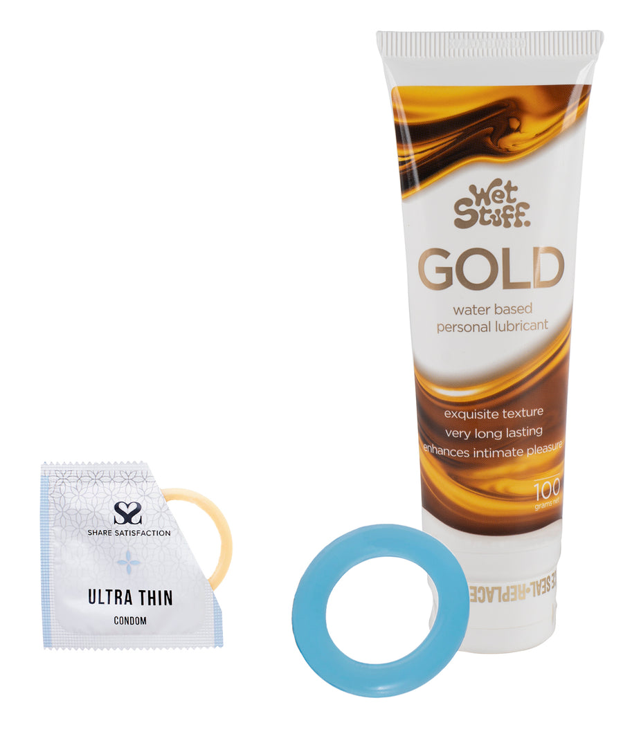 Share Satisfaction Ultra Thin 12 Pack Condoms, Wet Stuff Gold & Cock Ring Bundle - Playmate Adult Store