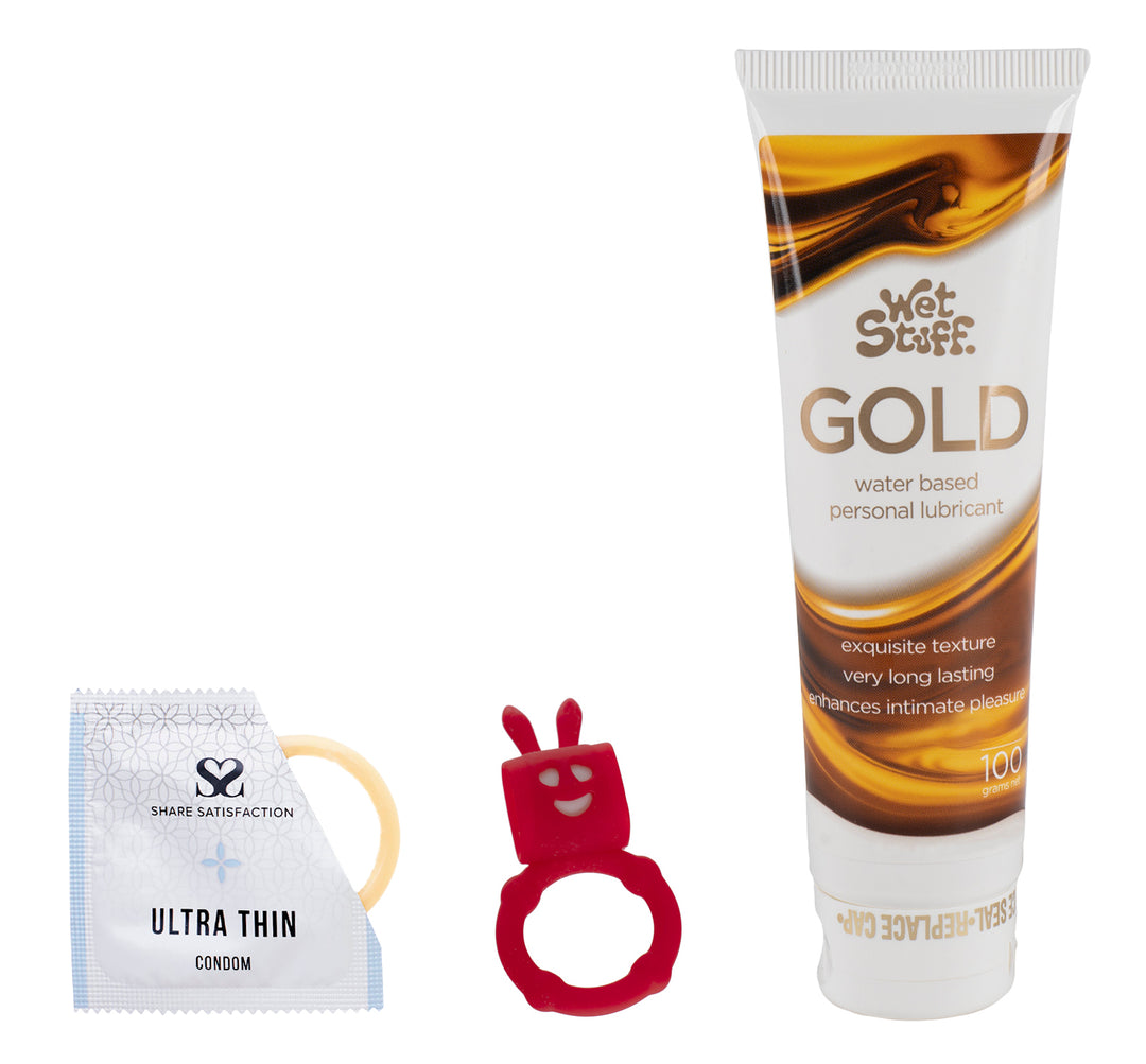 Cock Ring, Wet Stuff Lubricant & Share Satisfaction Ultra Thin Condoms (3-Pack) Bundle - Playmate Adult Store