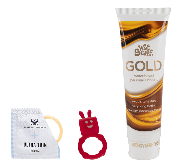 Cock Ring, Wet Stuff Lubricant & Share Satisfaction Ultra Thin Condoms (3-Pack) Bundle - Playmate Adult Store