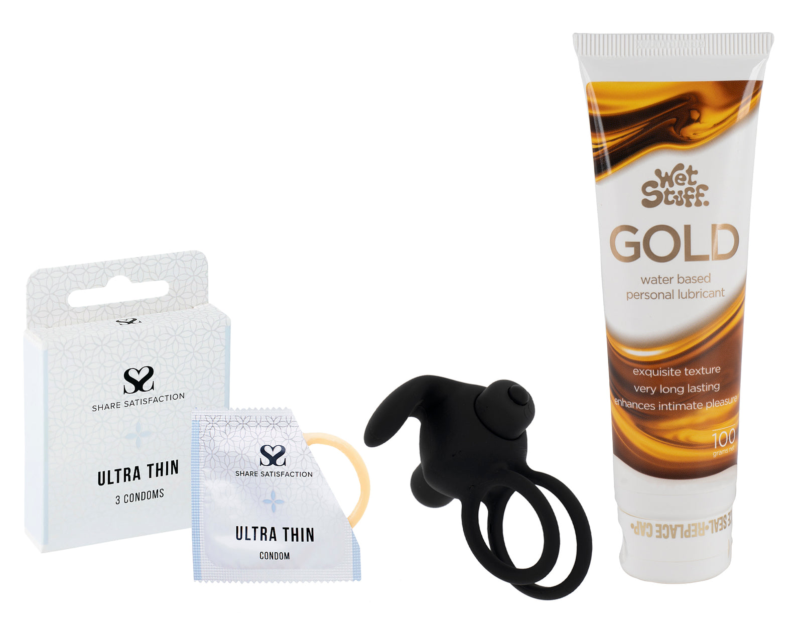 Vibrating Cock Ring, Wet Stuff Gold & 3-Pack Condom Bundle - Playmate Adult Store