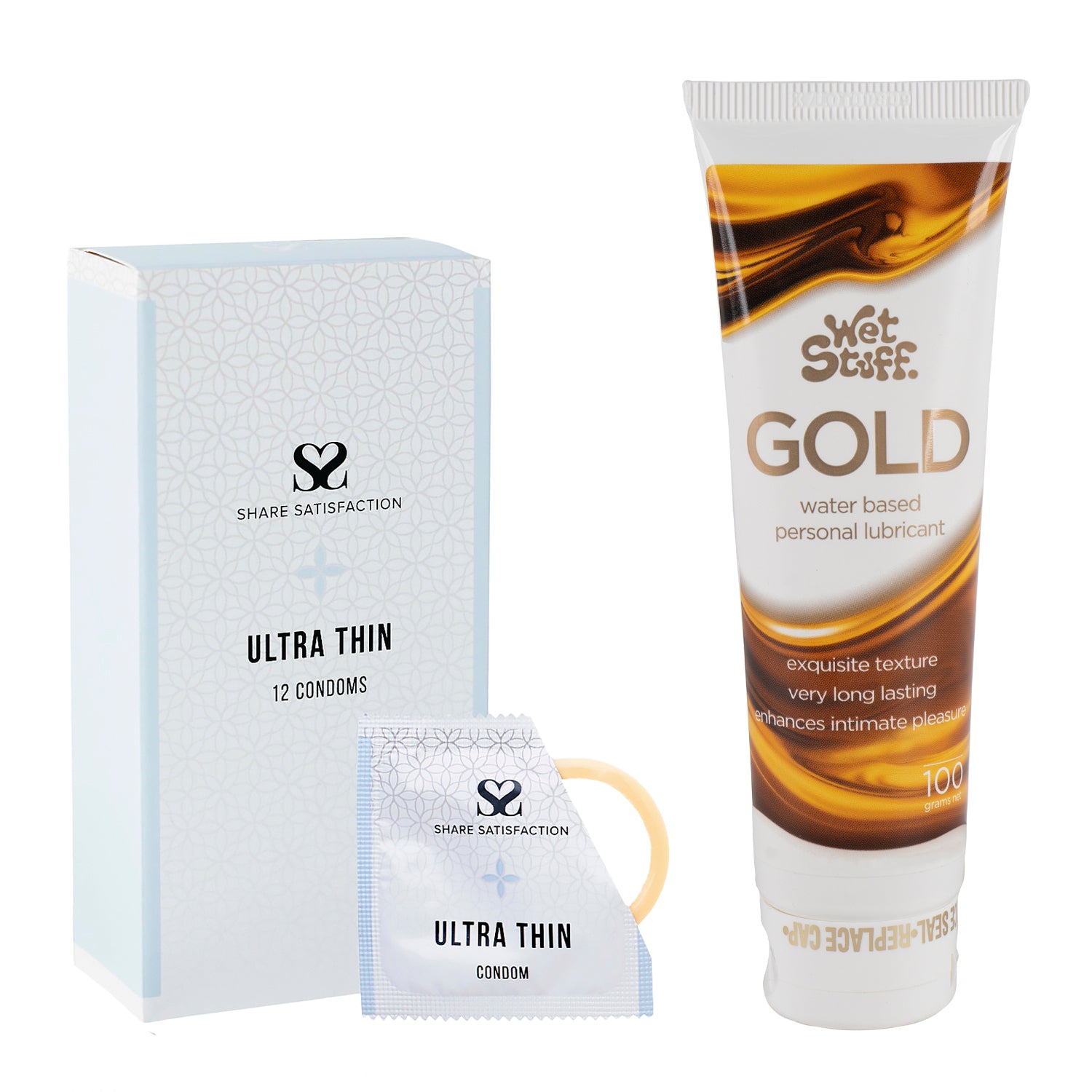 Share Satisfaction Ultra Thin 12 Pack Condoms, Wet Stuff Gold & Cock Ring Bundle - Playmate Adult Store