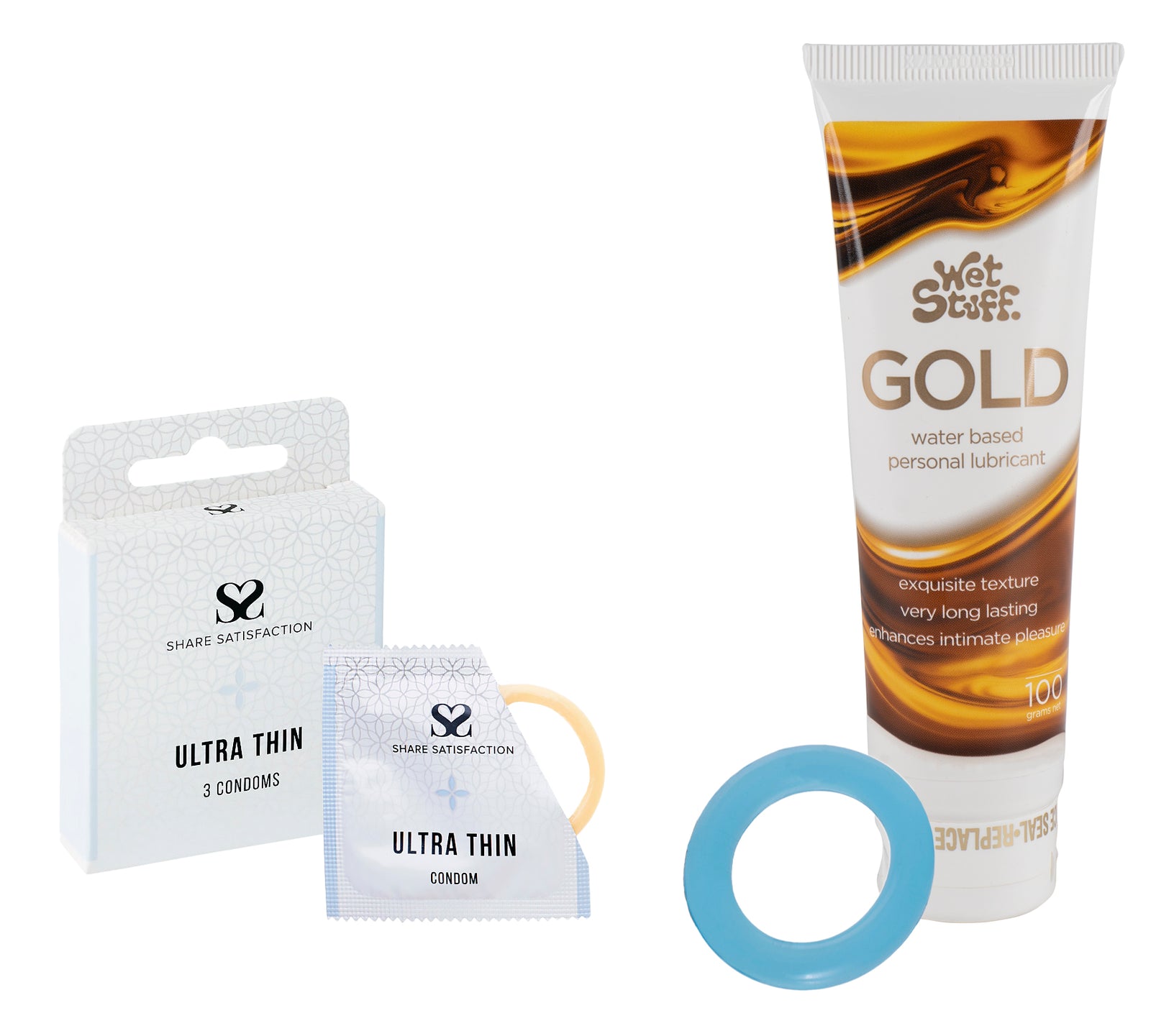 Share Satisfaction Ultra Thin 3 Pack Condoms, Wet Stuff Gold & Cock Ring Bundle - Playmate Adult Store