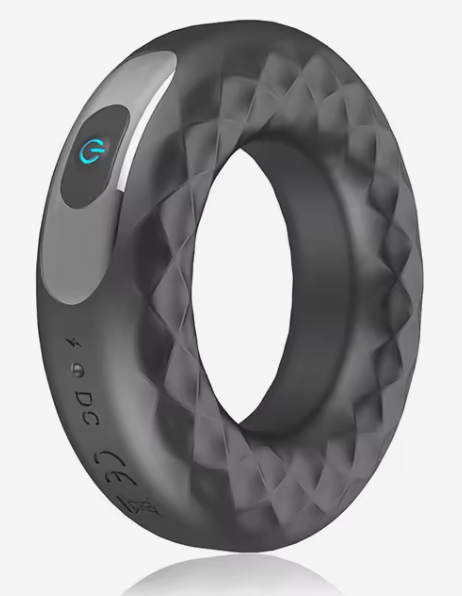 Large rechargeable vibrating cock ring with 10 vibration settings, black textured silicone