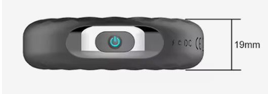 Side view of vibrating cock ring showing power button and thickness