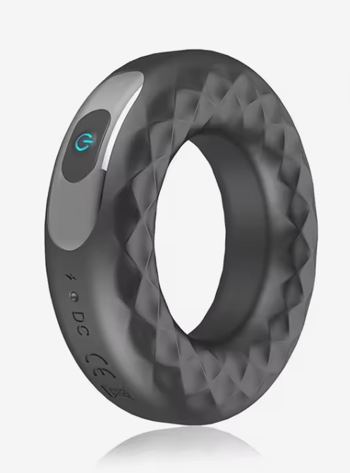 Angled view of large vibrating cock ring with control panel