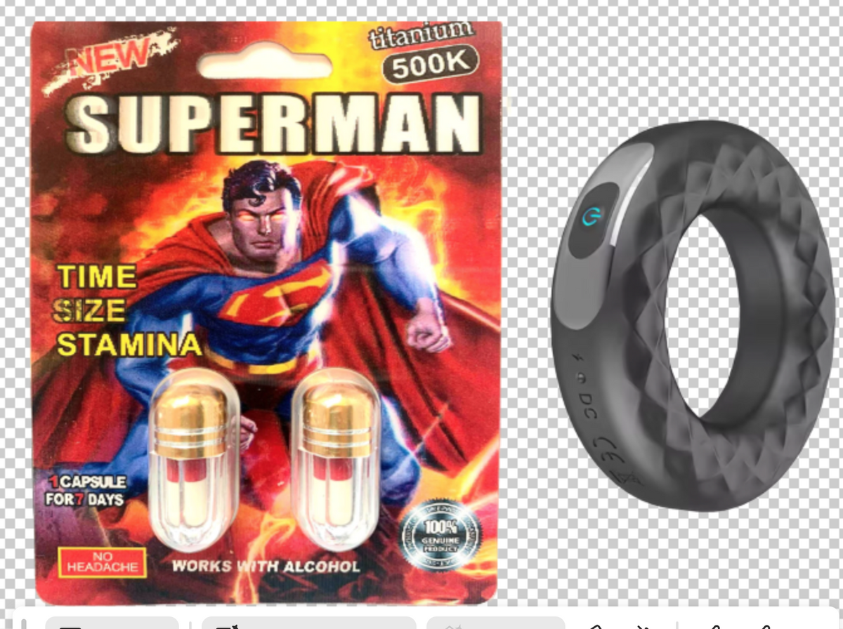 Superman Twin Pack herbal capsules with large rechargeable vibrating cock ring bundle