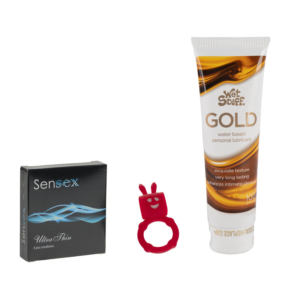 3 Pack Condoms, Vibrating Cock ring, Wet Stuff Gold Lubricant