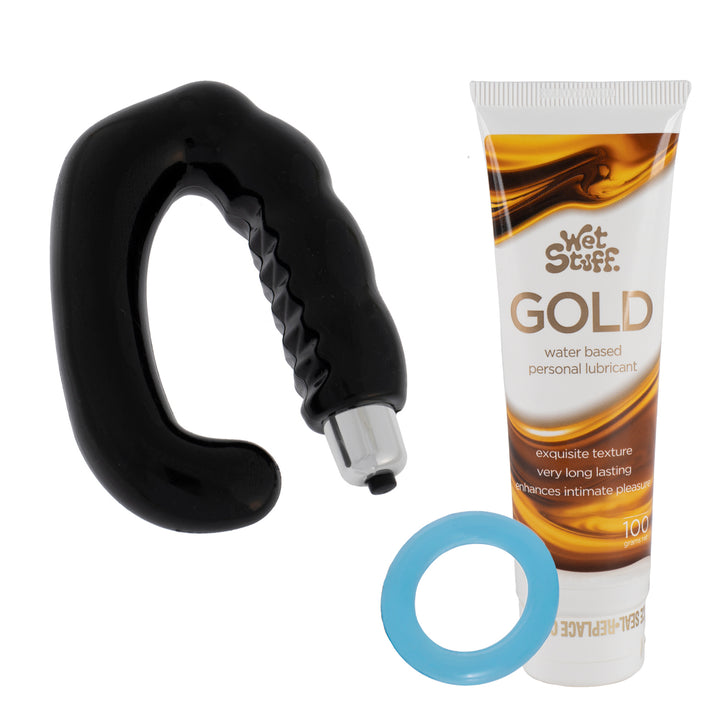 Vibrating Delight anal vibrator, Wet Stuff Gold Lubricant and Large Cock Ring