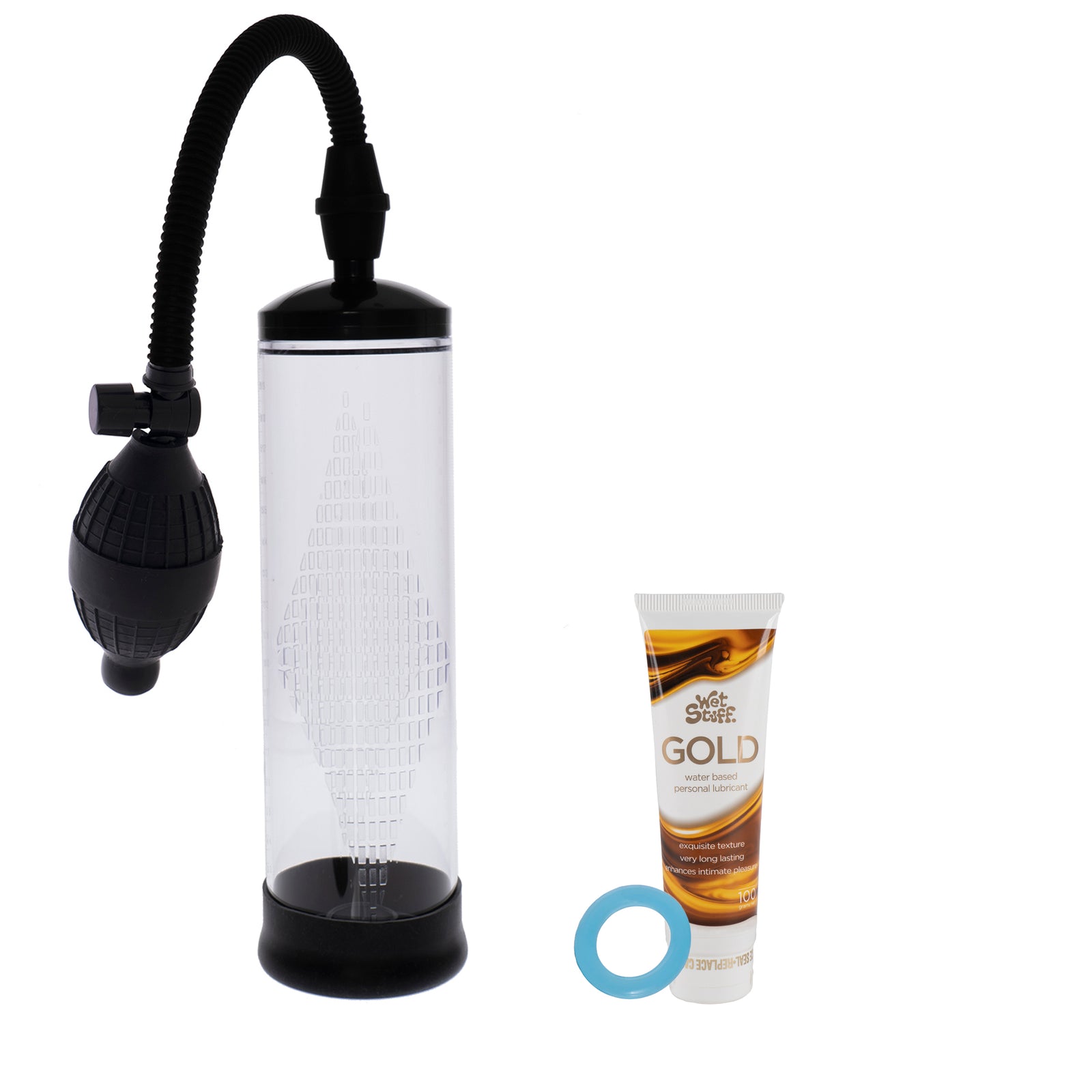 Power Up Pump penis enlargement, Wet Stuff Gold lubricant and Large Cock Ring combo
