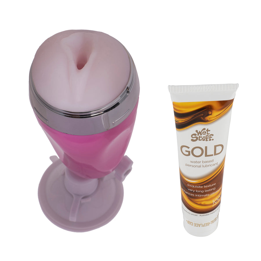 Hands Free Pleasure Cup and Wet Stuff Gold lubricant
