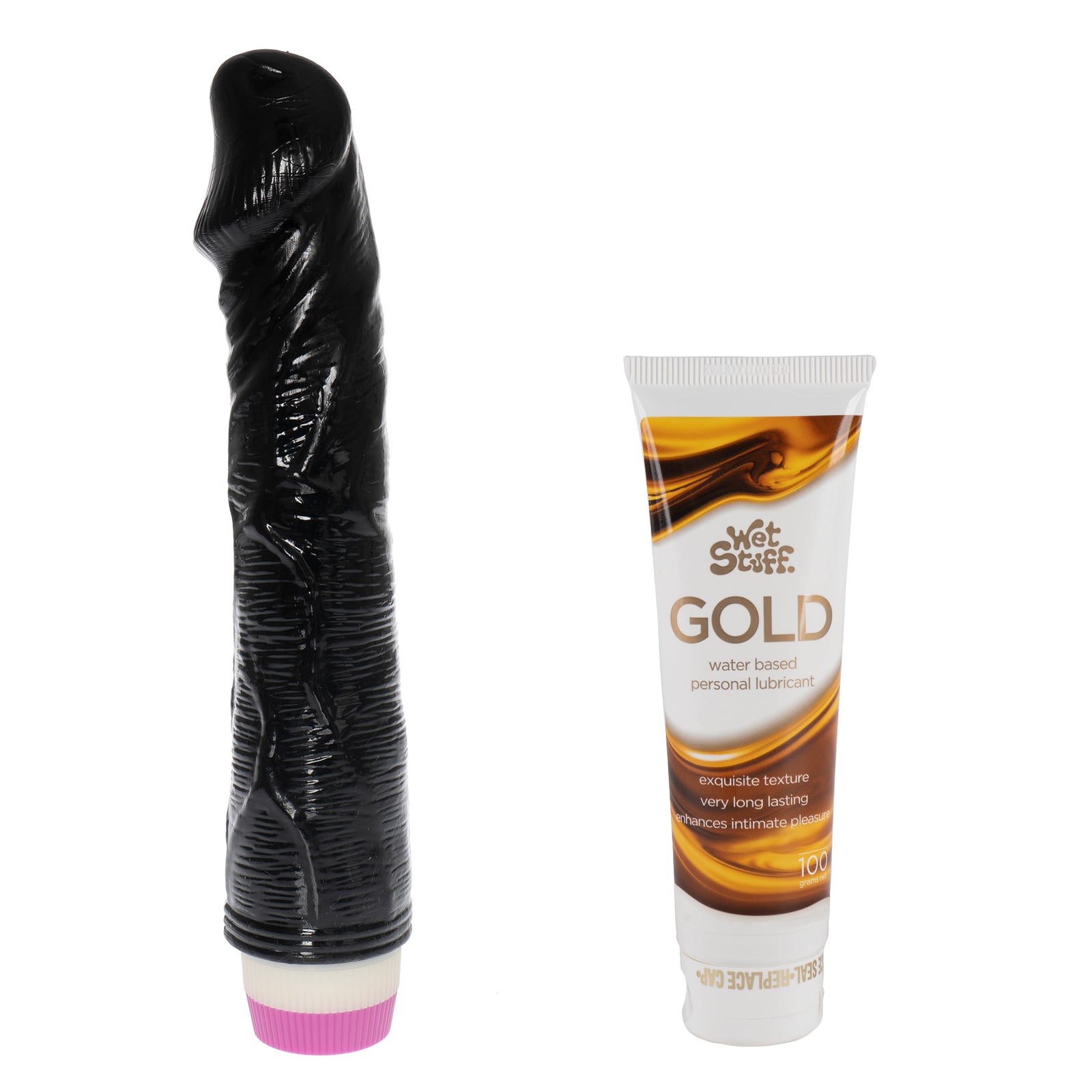 7.8 inch vibrating dildo & Wet Stuff Gold lubricant