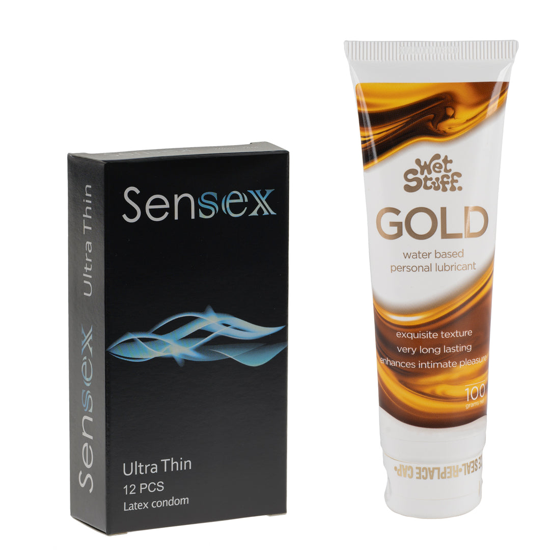 Ultra Thin 12 Pack Condoms and Wet Stuff Gold Lubricant