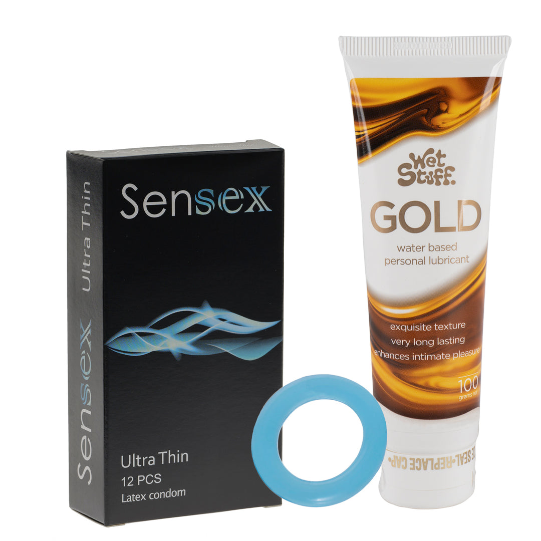 Ultra-thin 12 Pack Condoms, Wet Stuff Gold and Large Cock Ring