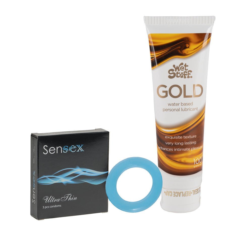 Ultra Thin 3 Pack Condoms, Wet Stuff Gold lubricant and Large Cock Ring